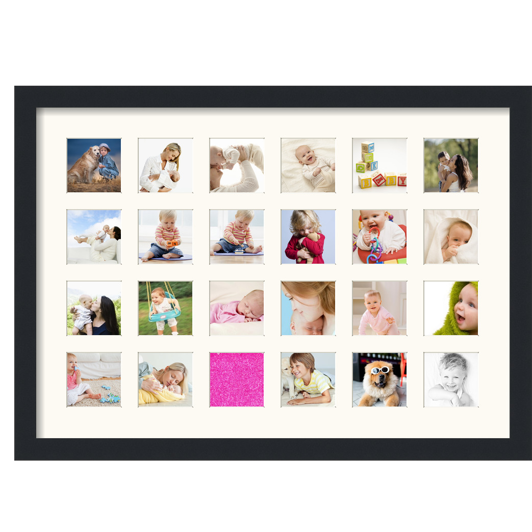 Collage Picture Frame, Satin Black Frame with 24 openings for 3x3 photos with White Mat. D3926IG2098, ArtToframes