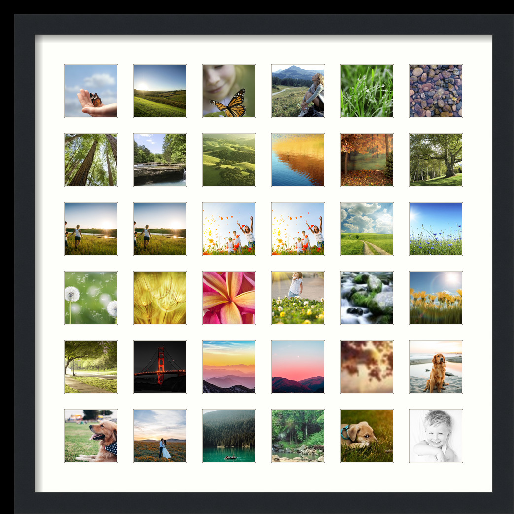 Collage Picture Frame, Satin Black Frame with 36 openings for 3x3 photos with White Light Cream Mat. D3926IJ2099, ArtToframes