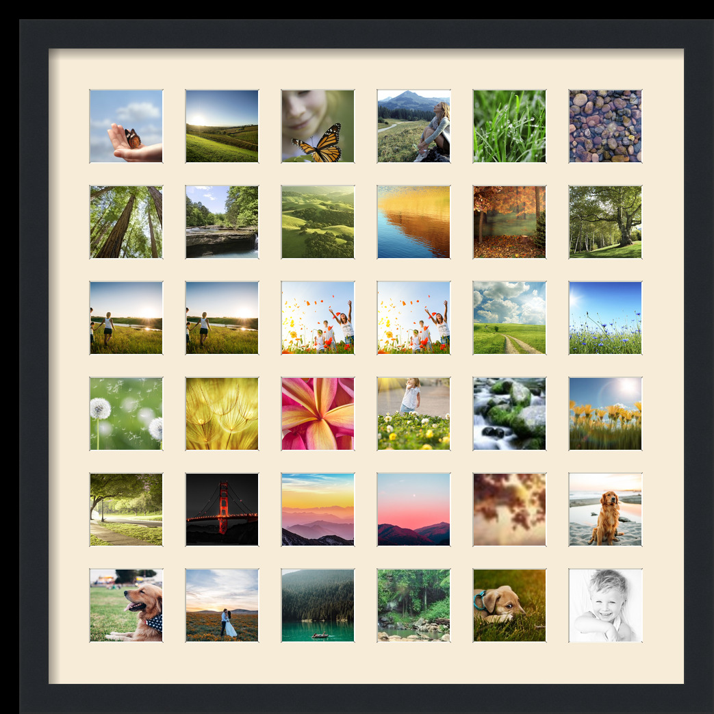 Collage Picture Frame, Satin Black Frame with 36 openings for 3x3 photos with White Ivory Mat. D3926FY2099, ArtToframes