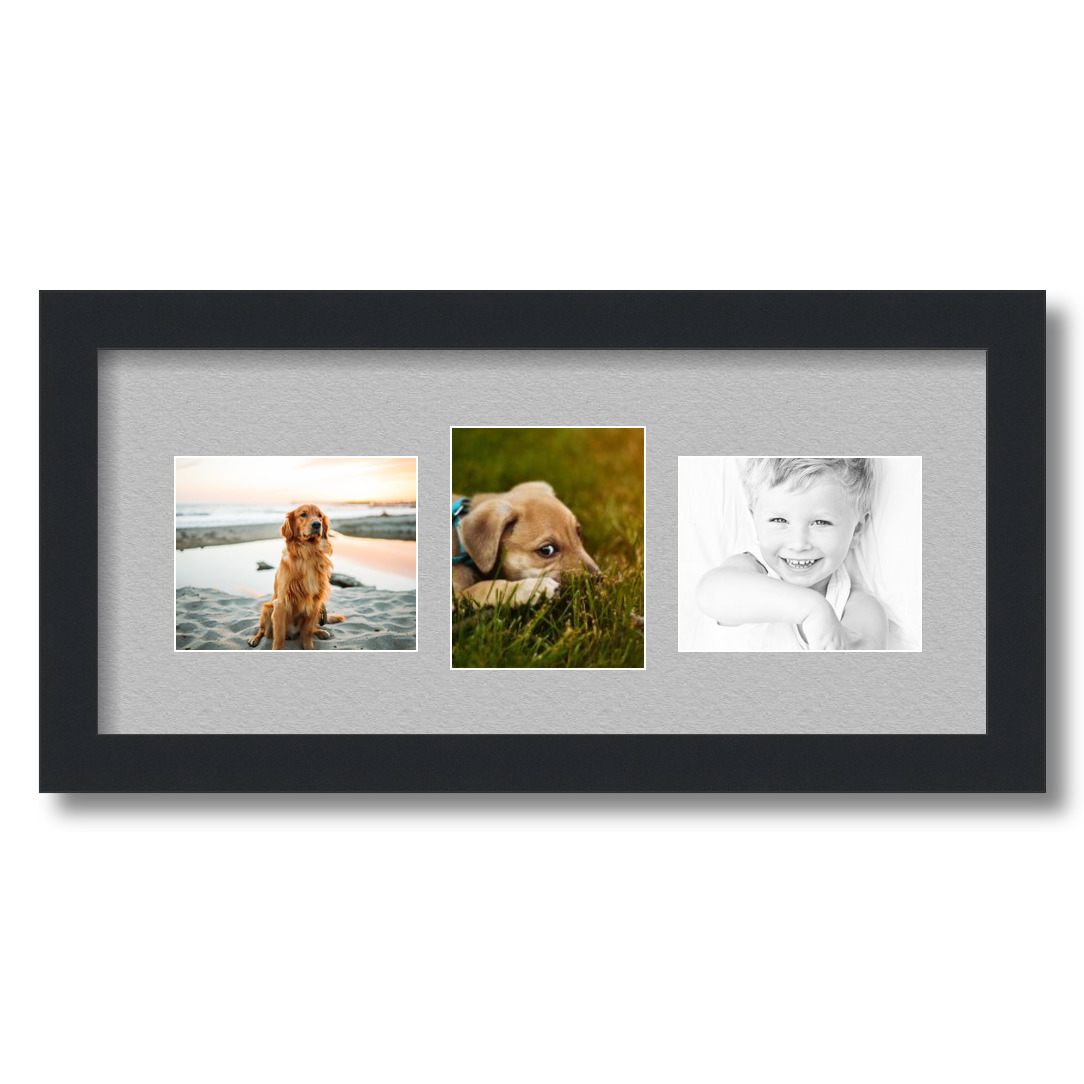 Collage Picture Frame, Satin Black Frame with 3 openings for 4x5 photos with TV Grey Mat. D3926ET210, ArtToframes
