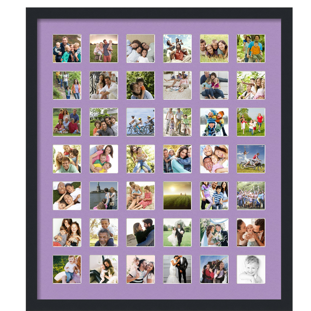 Collage Picture Frame, Satin Black Frame with 42 openings for 3x3 photos with Pink Lavender Mist Mat. D3926FU2102, ArtToframes