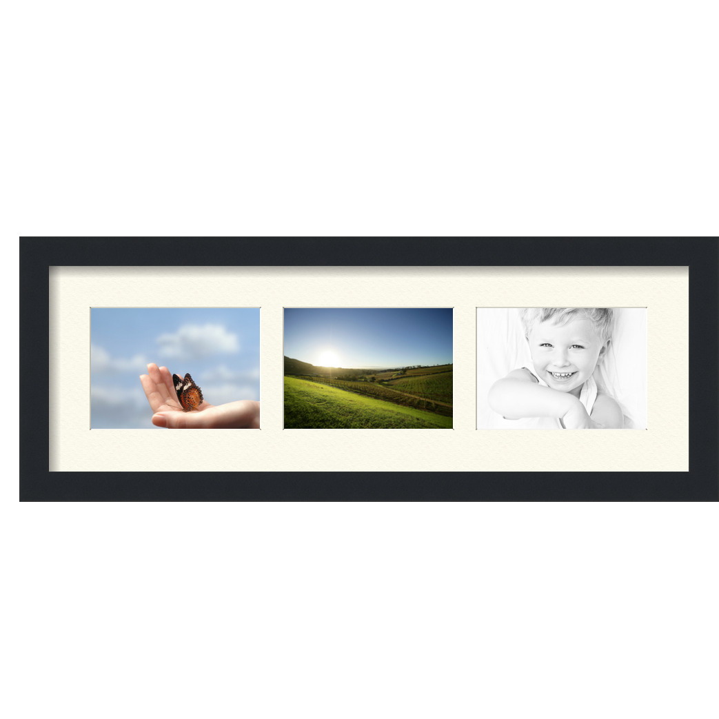 Collage Picture Frame, Satin Black Frame with 3 openings for 5x7 photos with Ivory Off White Mat. D3926FZ2135, ArtToframes