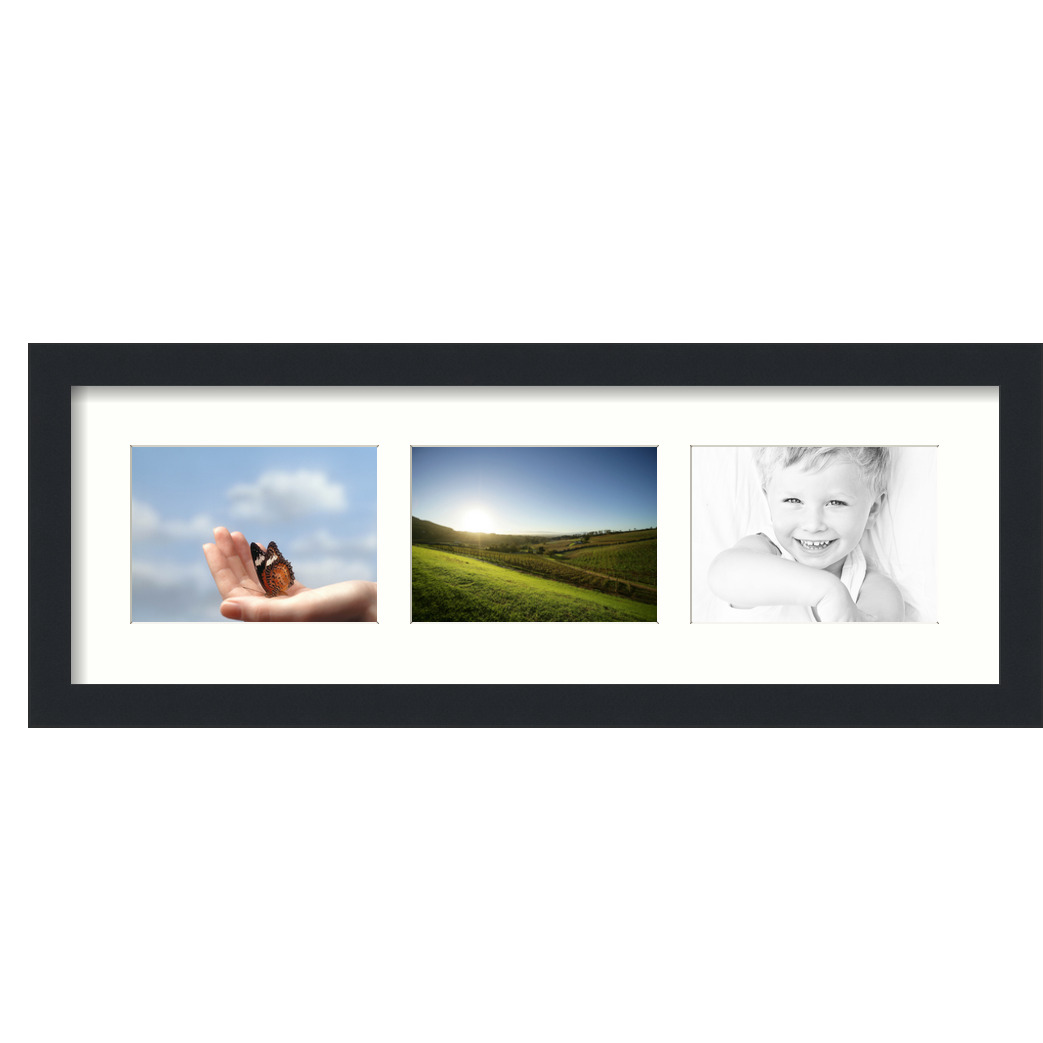 Collage Picture Frame, Satin Black Frame with 3 openings for 5x7 photos with White Light Cream Mat. D3926IJ2135, ArtToframes