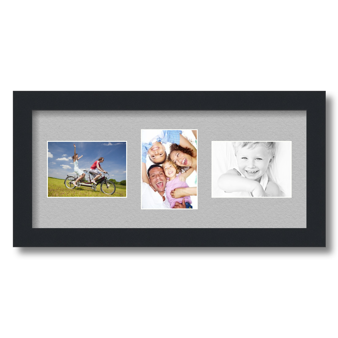 Collage Picture Frame, Satin Black Frame with 3 openings for 3.5x5 photos with TV Grey Mat. D3926ET214, ArtToframes