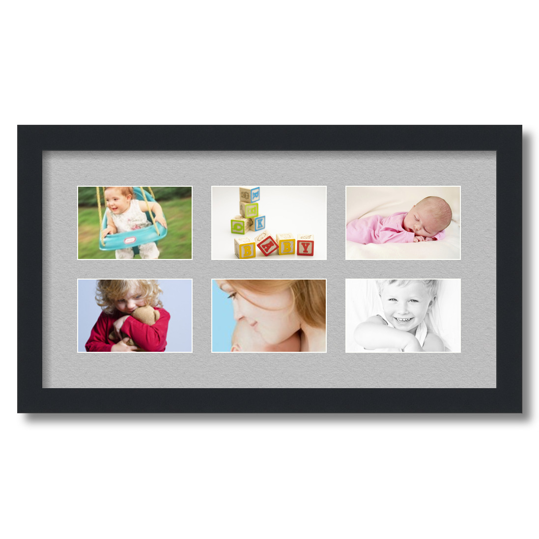Collage Picture Frame, Satin Black Frame with 6 openings for 3.5x5.5 photos with TV Grey Mat. D3926ET2163, ArtToframes