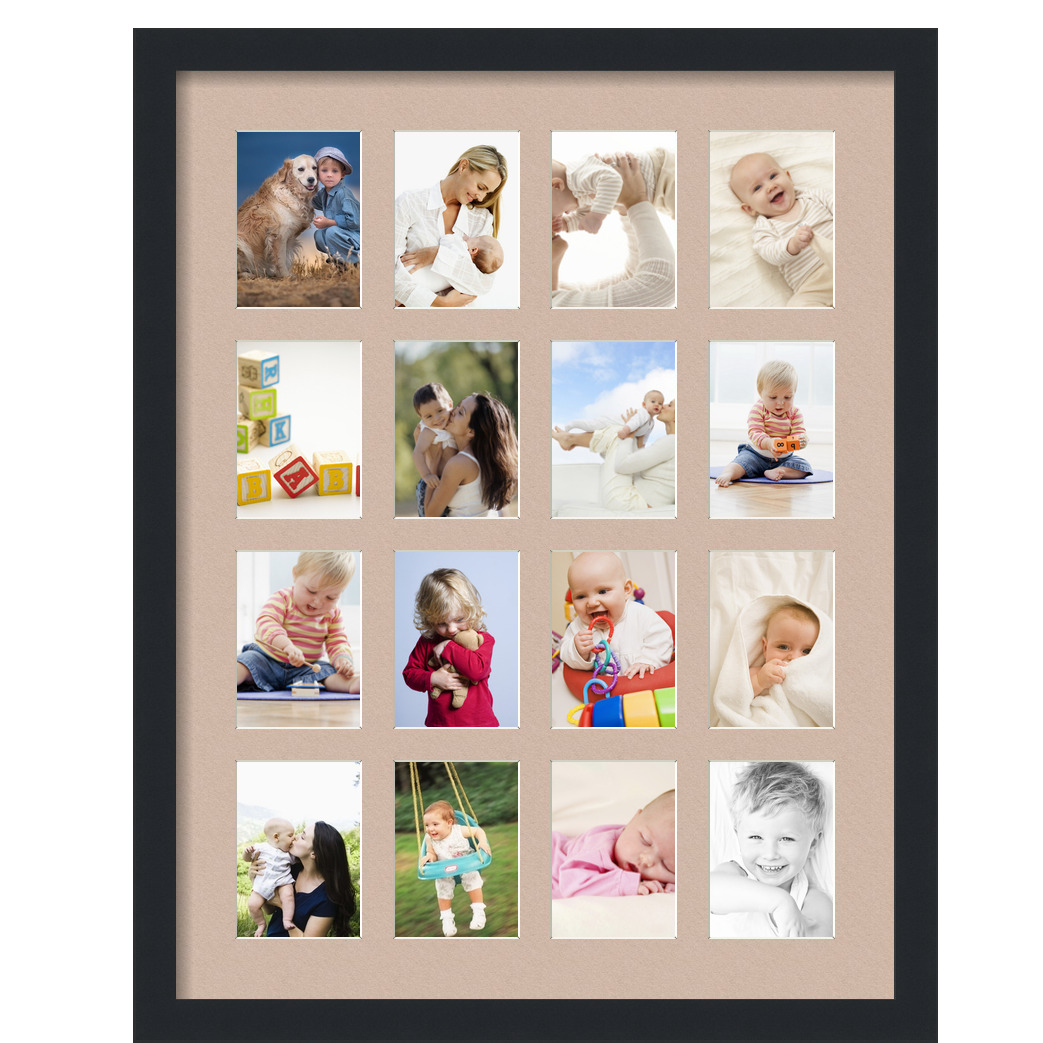Collage Picture Frame, Satin Black Frame with 16 openings for 3.5x5 photos with Grey Beige Mat. D3926DV2166, ArtToframes