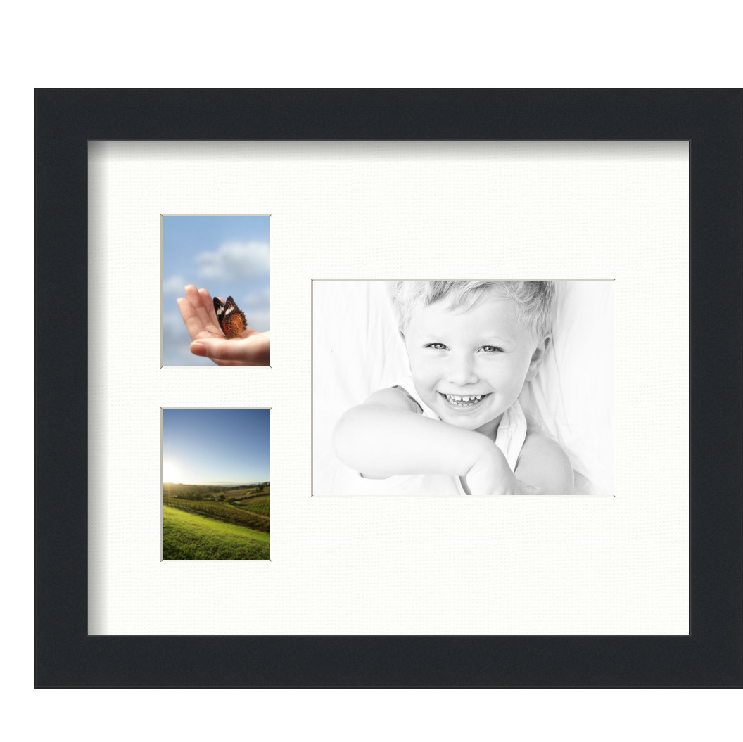 Collage Picture Frame, Satin Black Frame with 3 openings for 5x7 photos with Fabric White Mat. D3926EK220, ArtToframes
