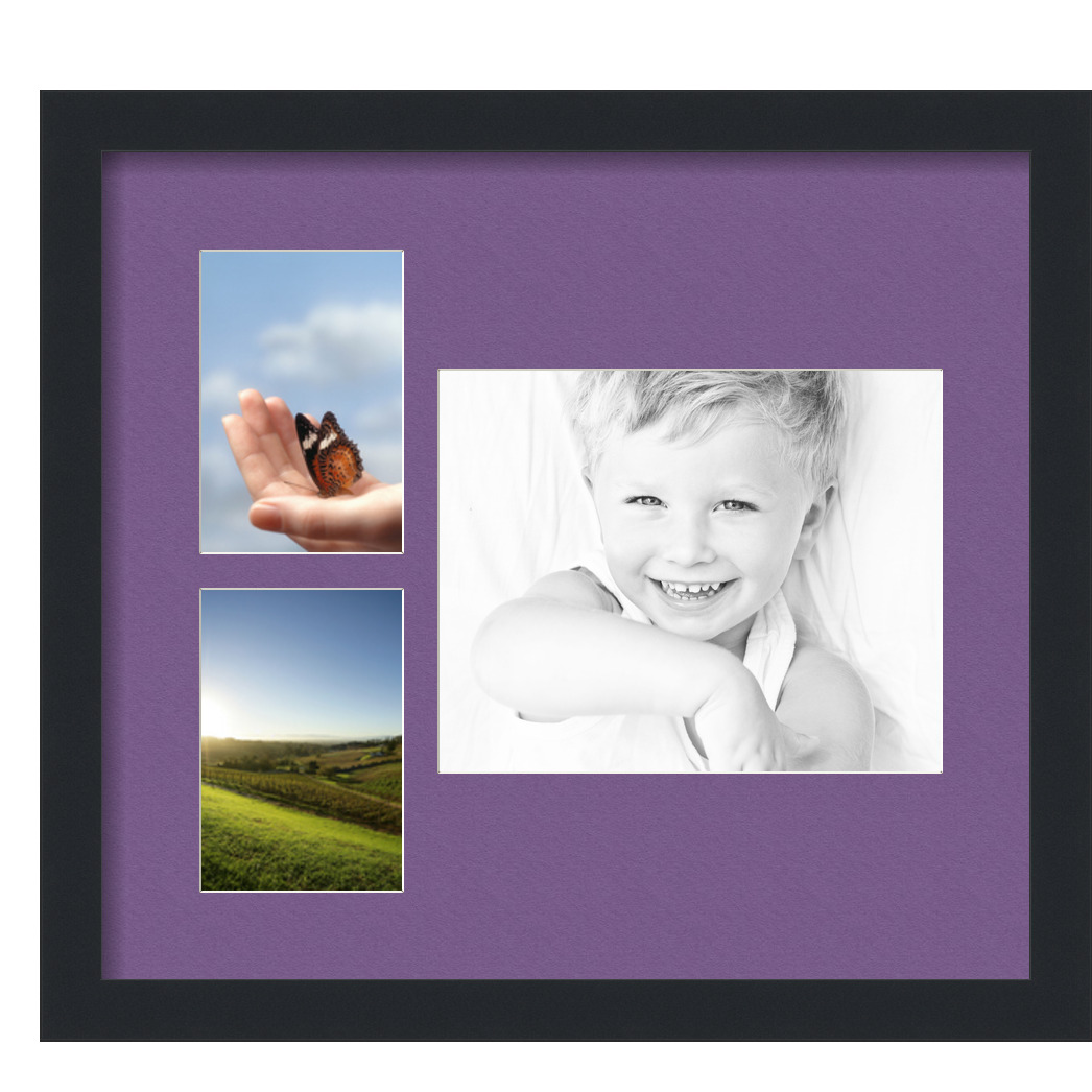 Collage Picture Frame, Satin Black Frame with 3 openings for 8x10 photos with Purple Grape Mat. D3926FQ221, ArtToframes