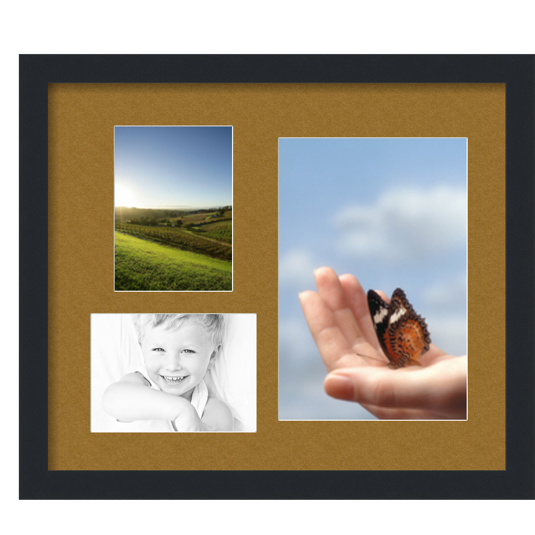 Collage Picture Frame, Satin Black Frame with 3 openings for 8x12 photos with Brown El Dorado Mat. D3926EE224, ArtToframes