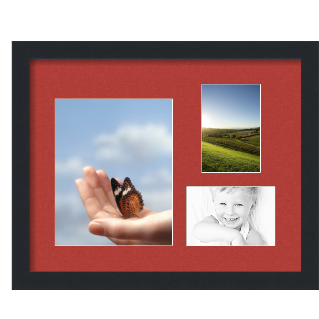 Collage Picture Frame, Satin Black Frame with 3 openings for 8x10 photos with Deep Red Mat. D3926II226, ArtToframes