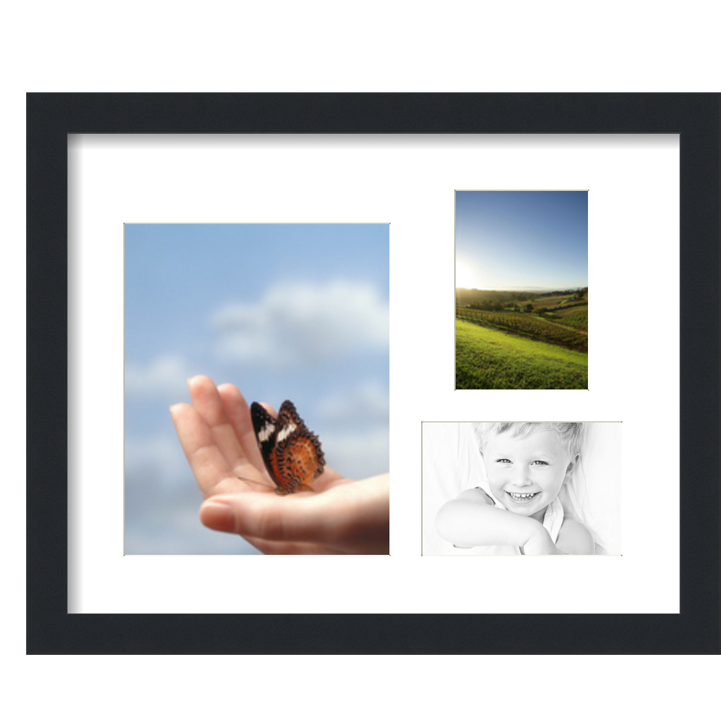 Collage Picture Frame, Satin Black Frame with 3 openings for 8x10 photos with White Crisp Mat. D3926IK226, ArtToframes