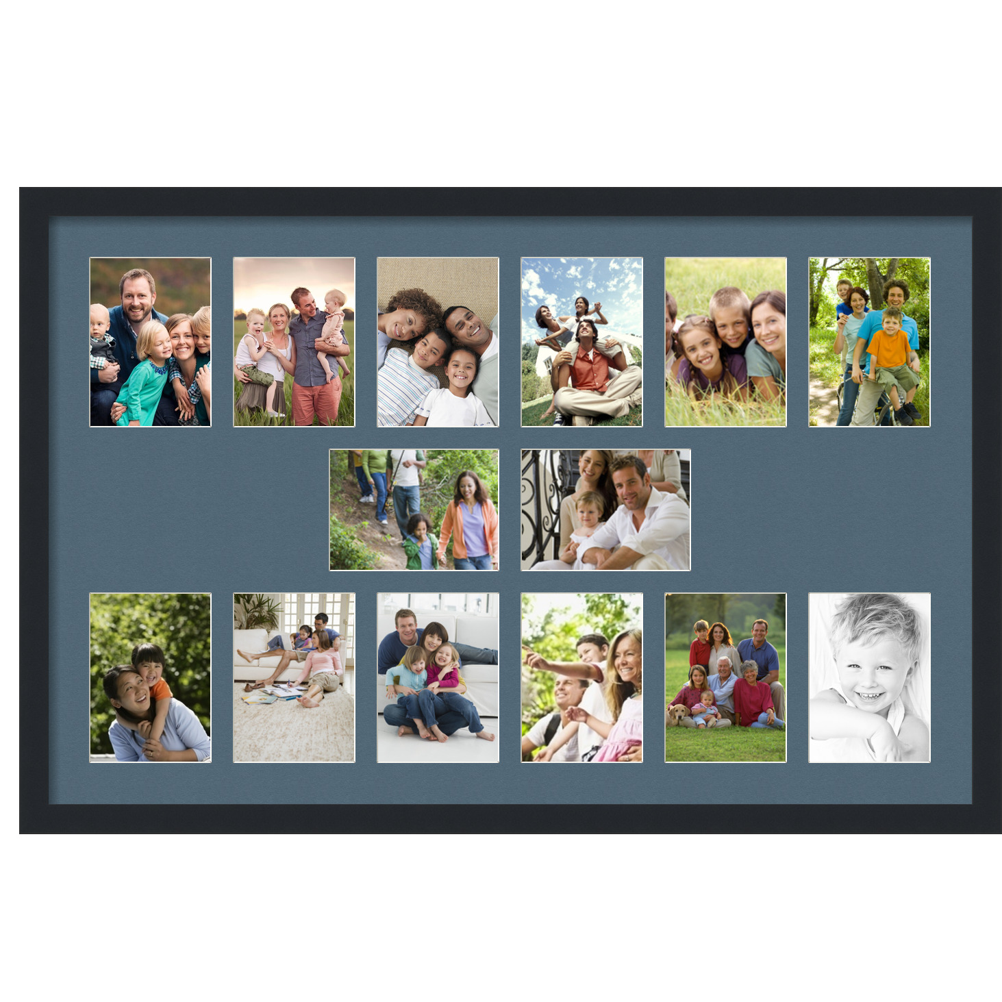 Collage Picture Frame, Satin Black Frame with 14 openings for 5x7 photos with Dutch Blue Mat. D3926FE2266, ArtToframes