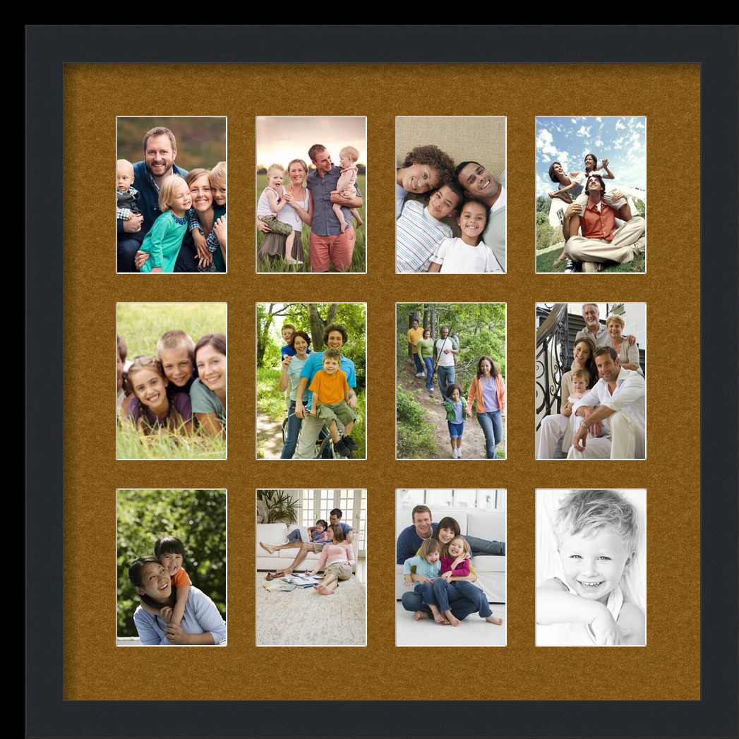 Collage Picture Frame, Satin Black Frame with 12 openings for 3.5x5 photos with Brown Coronado Mat. D3926EB227, ArtToframes
