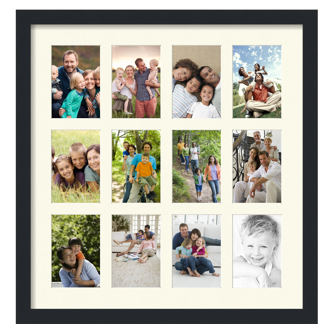 Collage Picture Frame, Satin Black Frame with 12 openings for 4x6 photos with Brilliant White Mat. D3926EM228, ArtToframes