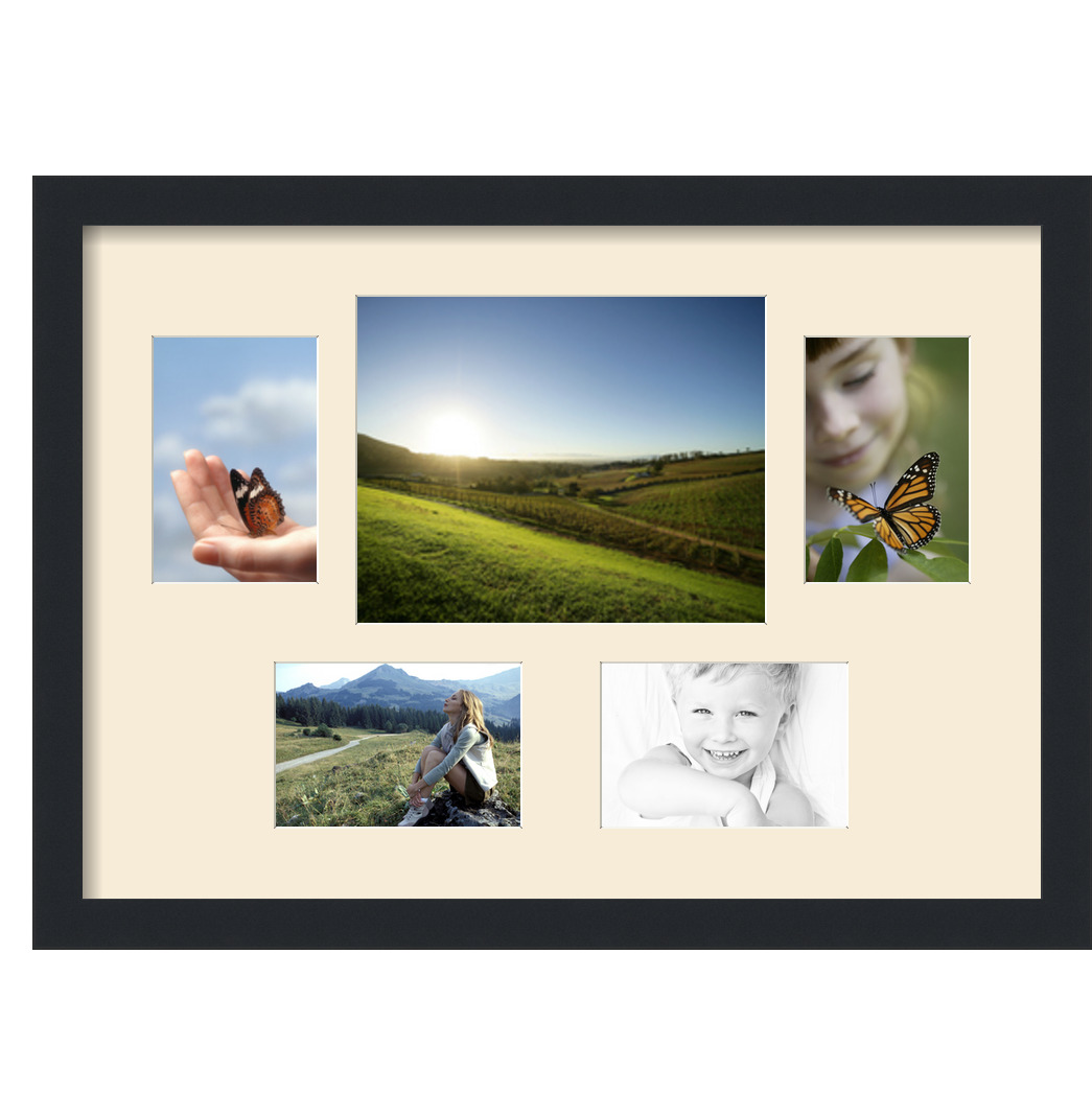 Collage Picture Frame, Satin Black Frame with 5 openings for 8x10 photos with White Ivory Mat. D3926FY2282, ArtToframes