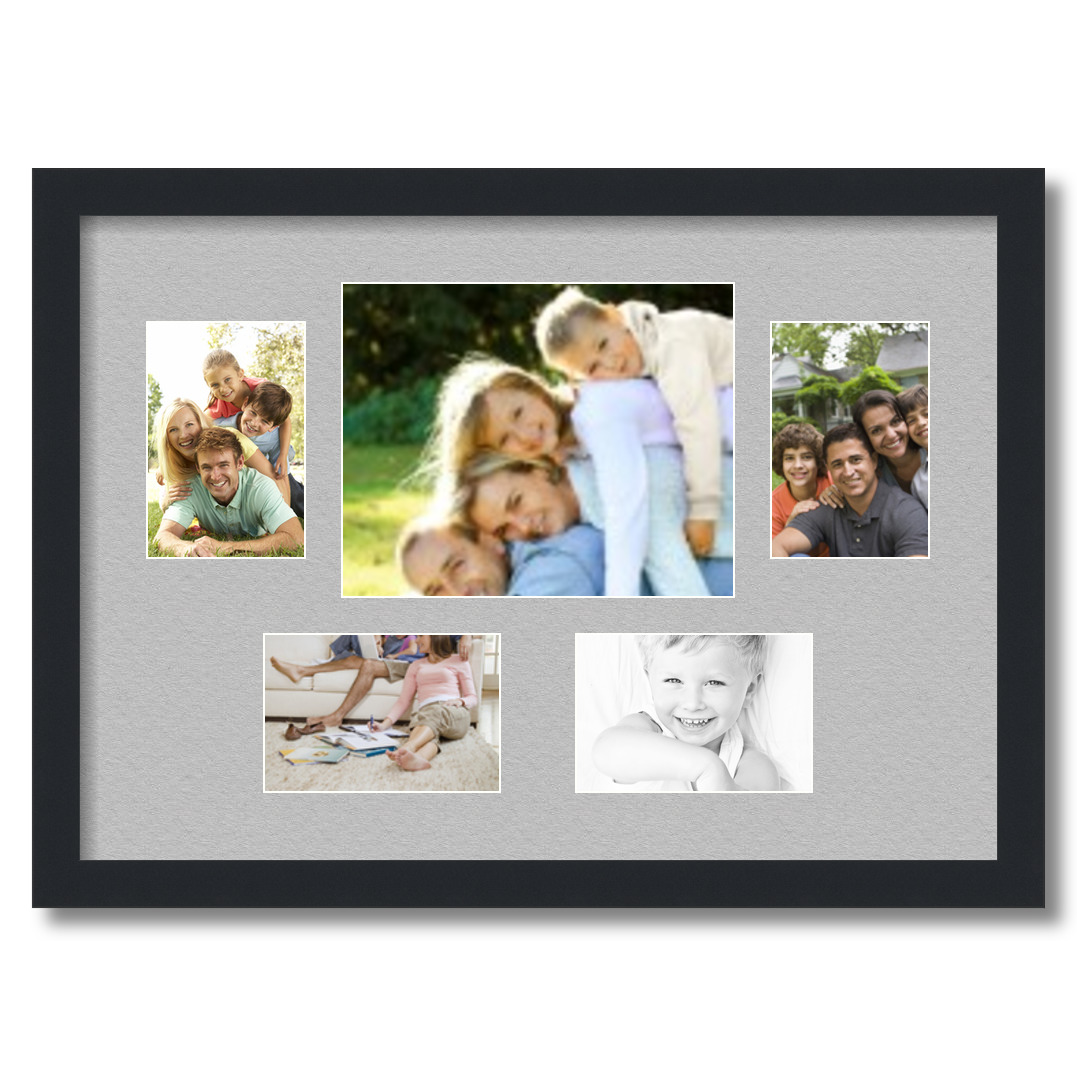 Collage Picture Frame, Satin Black Frame with 5 openings for 8x10 photos with TV Grey Mat. D3926ET2282, ArtToframes