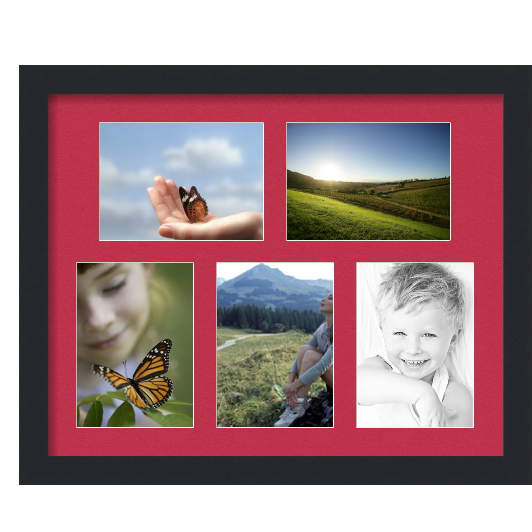 Collage Picture Frame, Satin Black Frame with 5 openings for 5x7 photos with Red Rouge Mat. D3926CS2297, ArtToframes