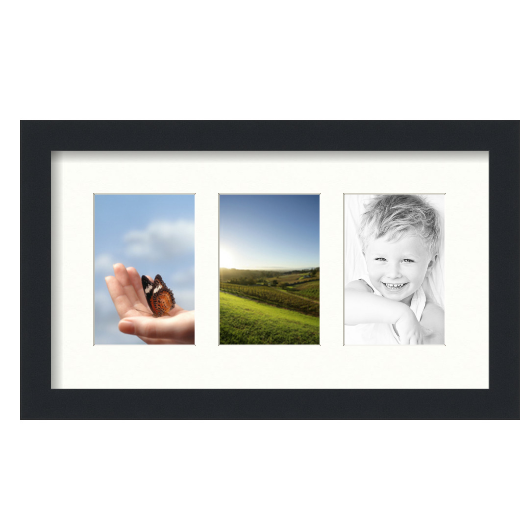 Collage Picture Frame, Satin Black Frame with 3 openings for 4x6 photos with White Porcelain Mat. D3926EL23, ArtToframes