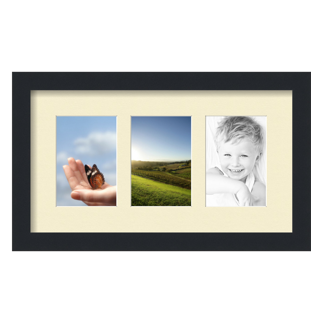 Collage Picture Frame, Satin Black Frame with 3 openings for 4x6 photos with Ivory Oyster Mat. D3926GC23, ArtToframes