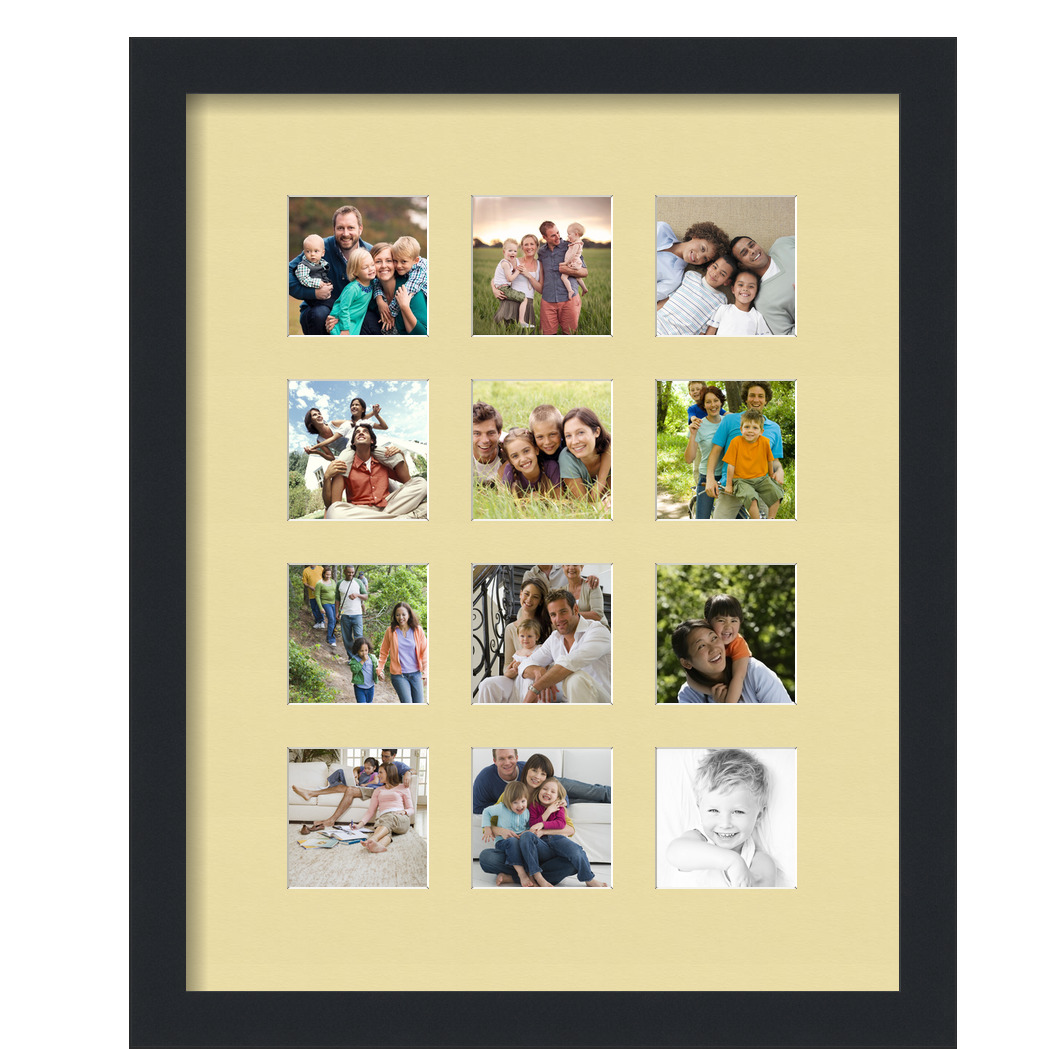 Collage Picture Frame, Satin Black Frame with 12 openings for 3x3 photos with Ivory Buttercup Mat. D3926GD230, ArtToframes