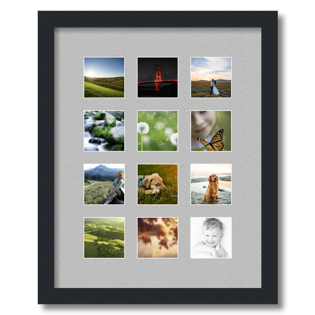 Collage Picture Frame, Satin Black Frame with 12 openings for 3x3 photos with TV Grey Mat. D3926ET230, ArtToframes