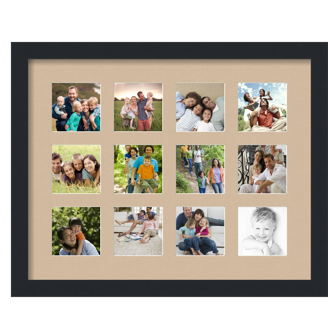 Collage Picture Frame, Satin Black Frame with 12 openings for 3.5x3.5 photos with Pink Scotch Mist Mat. D3926DG231, ArtToframes