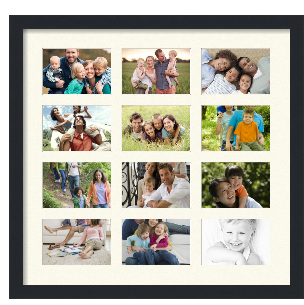 Collage Picture Frame, Satin Black Frame with 12 openings for 4x6 photos with Ivory Off White Mat. D3926FZ232, ArtToframes