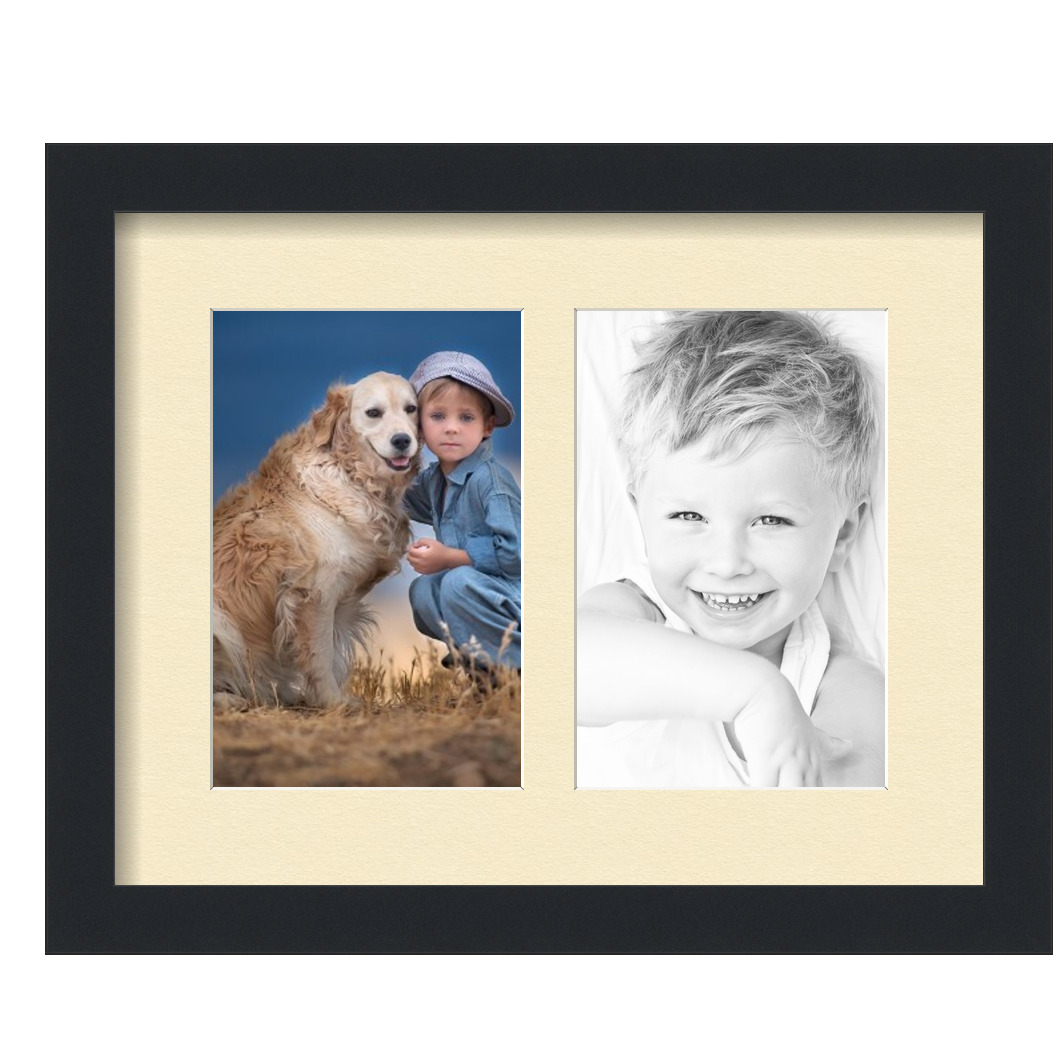 Collage Picture Frame, Satin Black Frame with 2 openings for 5.5x8.5 photos with Ivory Cream Mat. D3926GA2356, ArtToframes