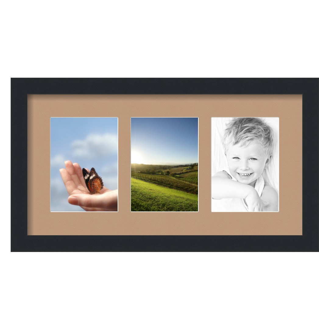 Collage Picture Frame, Satin Black Frame with 3 openings for 5x7 photos with Brown Desert Sand Mat. D3926DZ24, ArtToframes