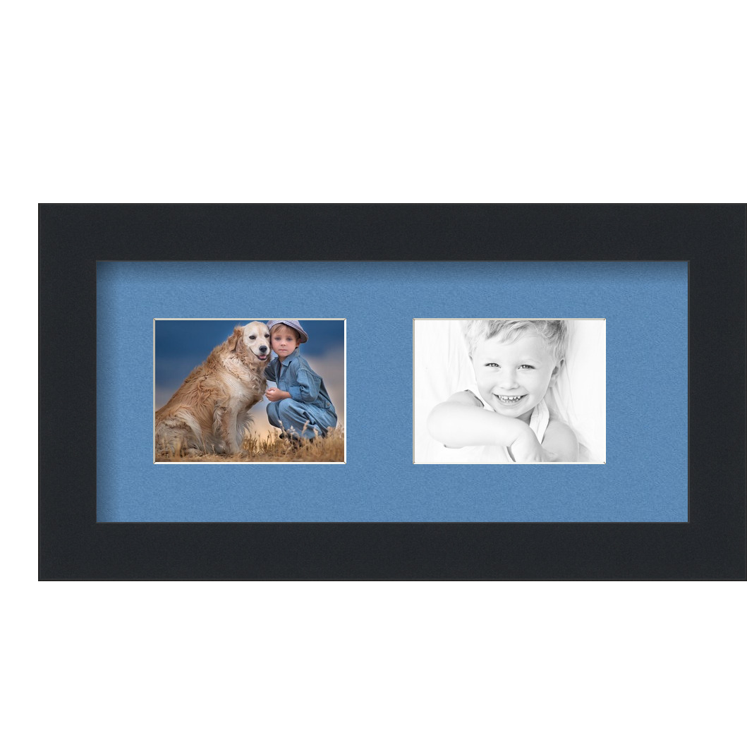 Collage Picture Frame, Satin Black Frame with 2 openings for 1x2 photos with Liberty Blue Mat. D3926FG2437, ArtToframes