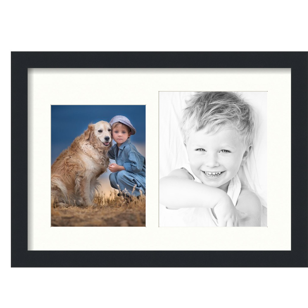 Collage Picture Frame, Satin Black Frame with 2 openings for 8x10 photos with White Porcelain Mat. D3926EL248, ArtToframes