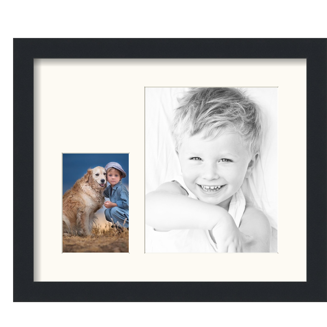 Collage Picture Frame, Satin Black Frame with 2 openings for 8x10 photos with White Mat. D3926IG249, ArtToframes