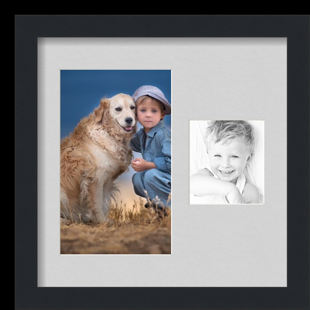 Collage Picture Frame, Satin Black Frame with 2 openings for 6x10 photos with Grey Candlewick Mat. D3926EP255, ArtToframes