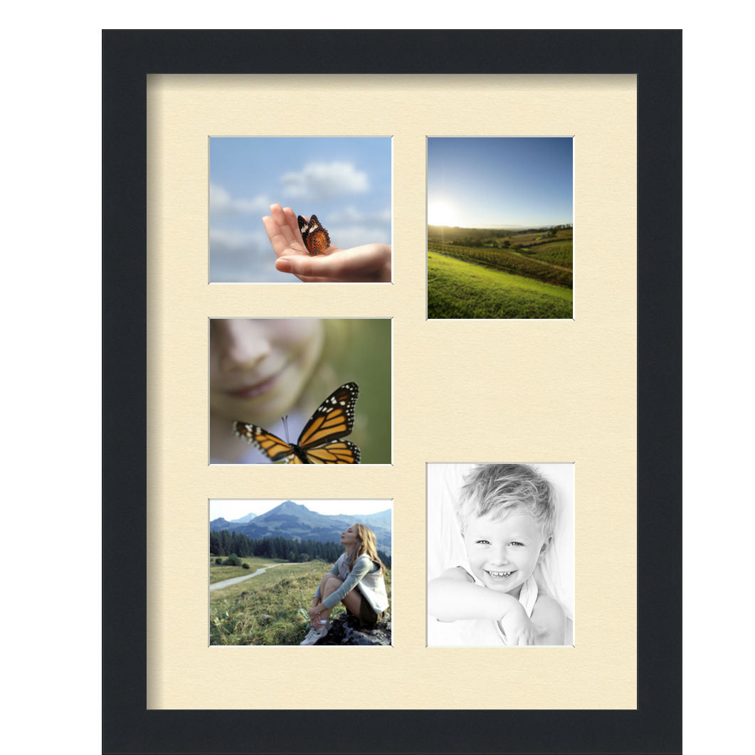 Collage Picture Frame, Satin Black Frame with 5 openings for 4x5 photos with Ivory Cream Mat. D3926GA258, ArtToframes