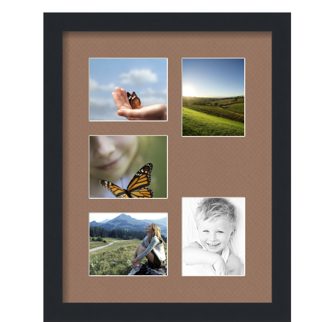 Collage Picture Frame, Satin Black Frame with 5 openings for 4x5 photos with Brown Sandpiper Mat. D3926DJ258, ArtToframes