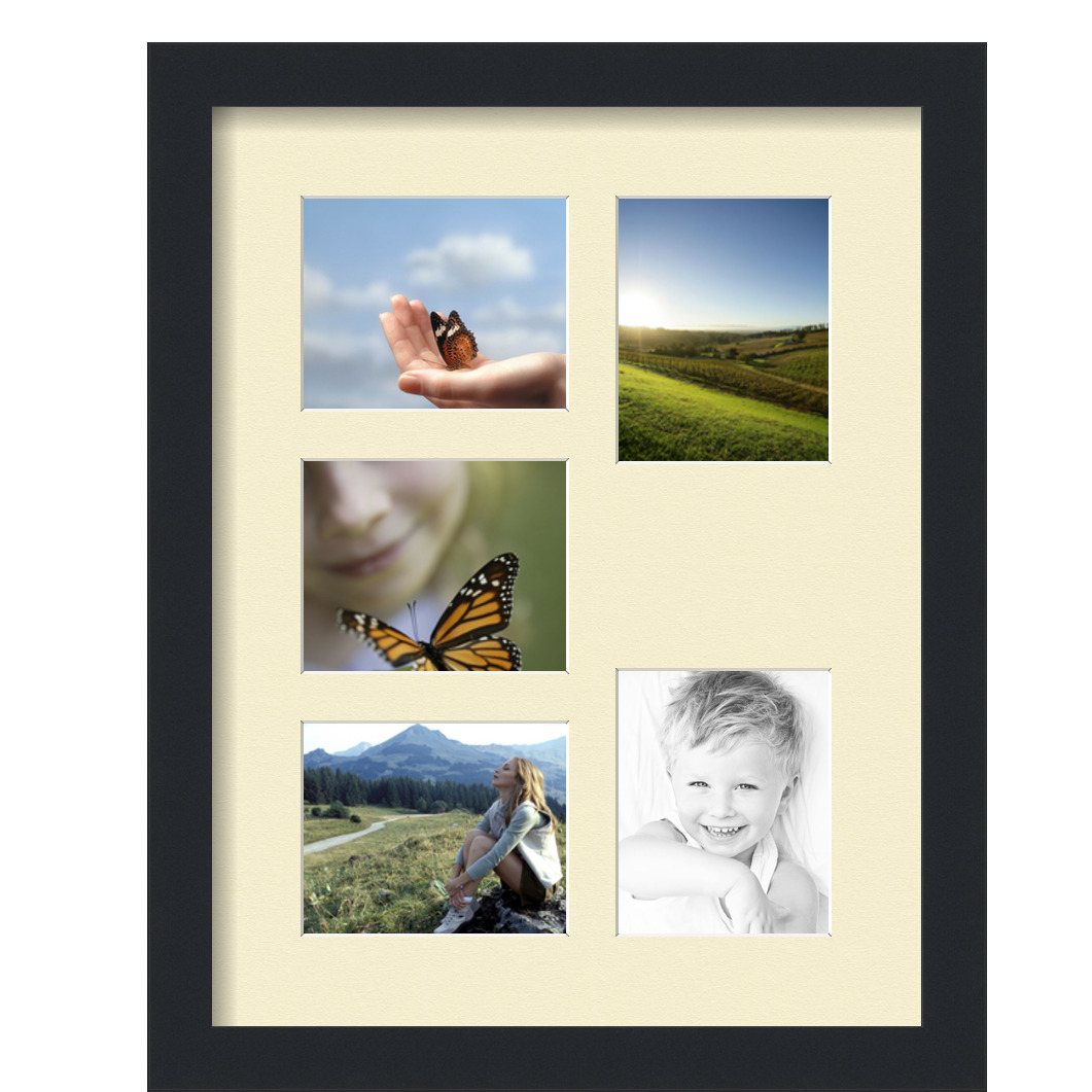 Collage Picture Frame, Satin Black Frame with 5 openings for 4x5 photos with Ivory Oyster Mat. D3926GC258, ArtToframes