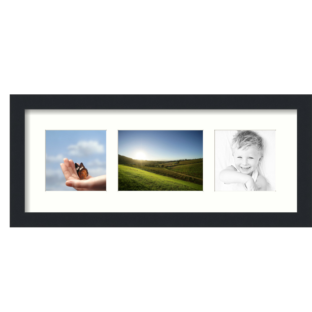 Collage Picture Frame, Satin Black Frame with 3 openings for 5x7 photos with White Light Cream Mat. D3926IJ263, ArtToframes