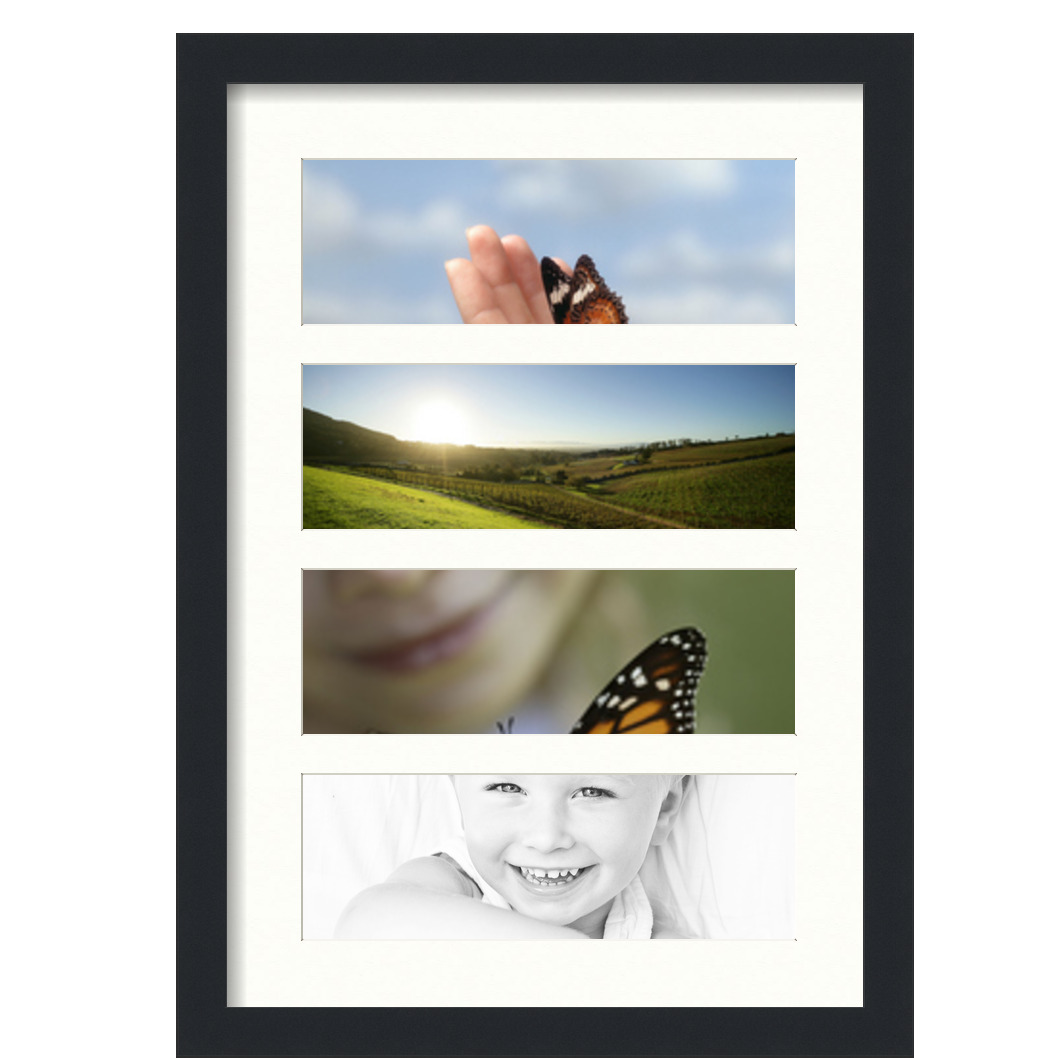 Collage Picture Frame, Satin Black Frame with 4 openings for 4x12 photos with White Porcelain Mat. D3926EL268, ArtToframes