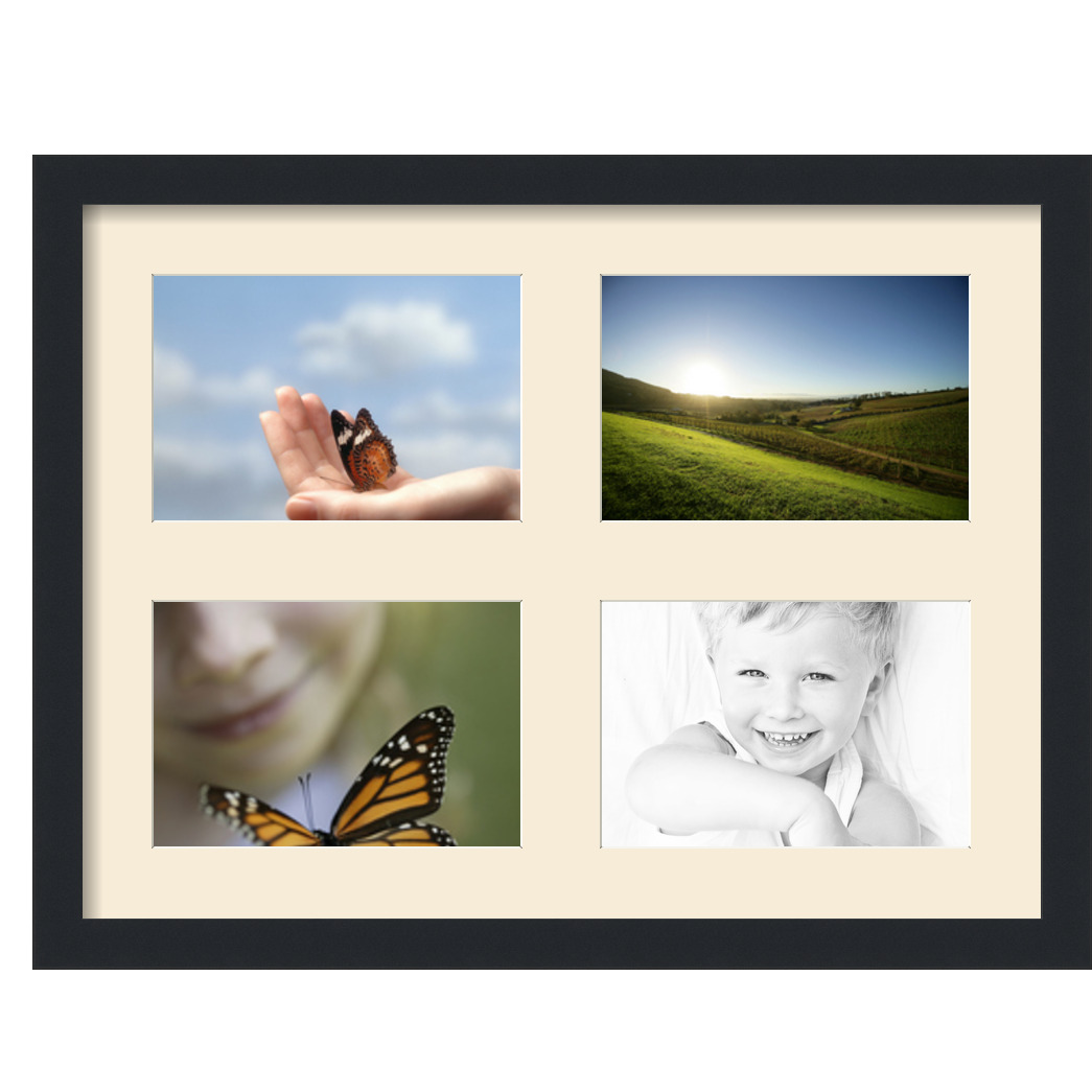 Collage Picture Frame, Satin Black Frame with 4 openings for 6x9 photos with White Ivory Mat. D3926FY273, ArtToframes