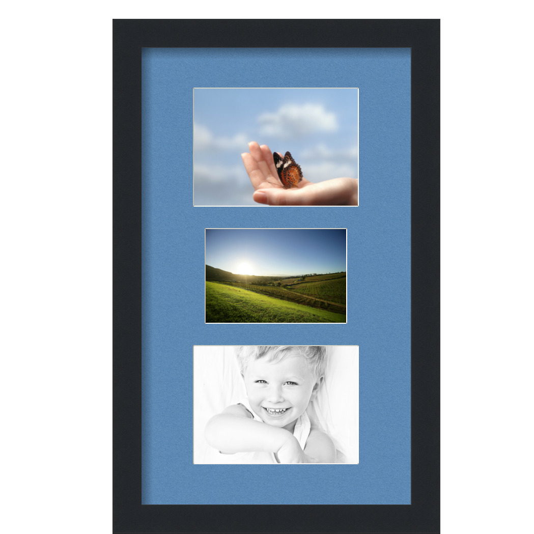 Collage Picture Frame, Satin Black Frame with 3 openings for 5x7 photos with Liberty Blue Mat. D3926FG282, ArtToframes