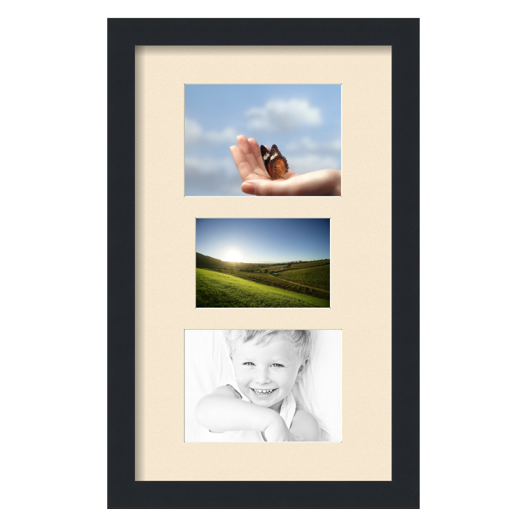 Collage Picture Frame, Satin Black Frame with 3 openings for 5x7 photos with Pink Alabaster Mat. D3926DE282, ArtToframes