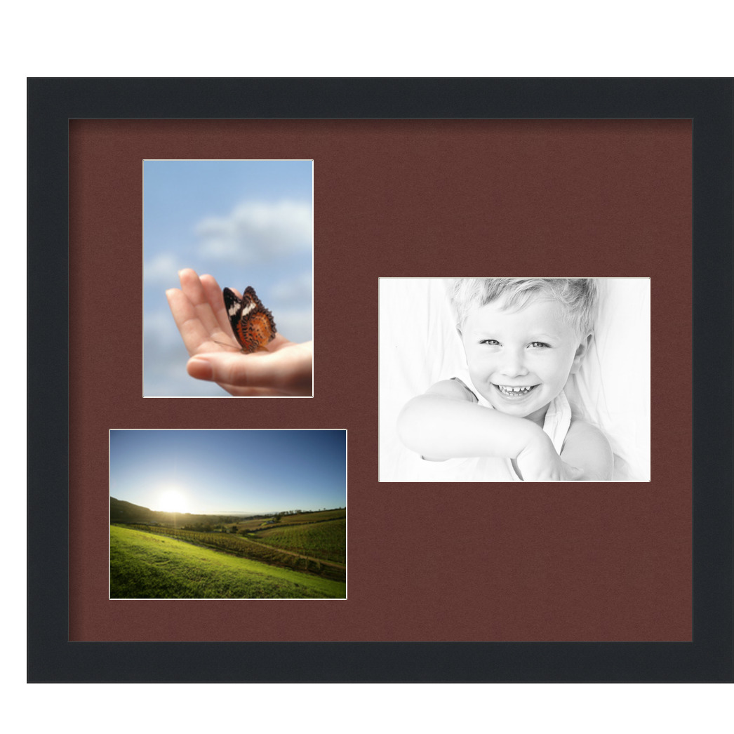 Collage Picture Frame, Satin Black Frame with 3 openings for 6x8 photos with Red Maroon Mat. D3926IH288, ArtToframes
