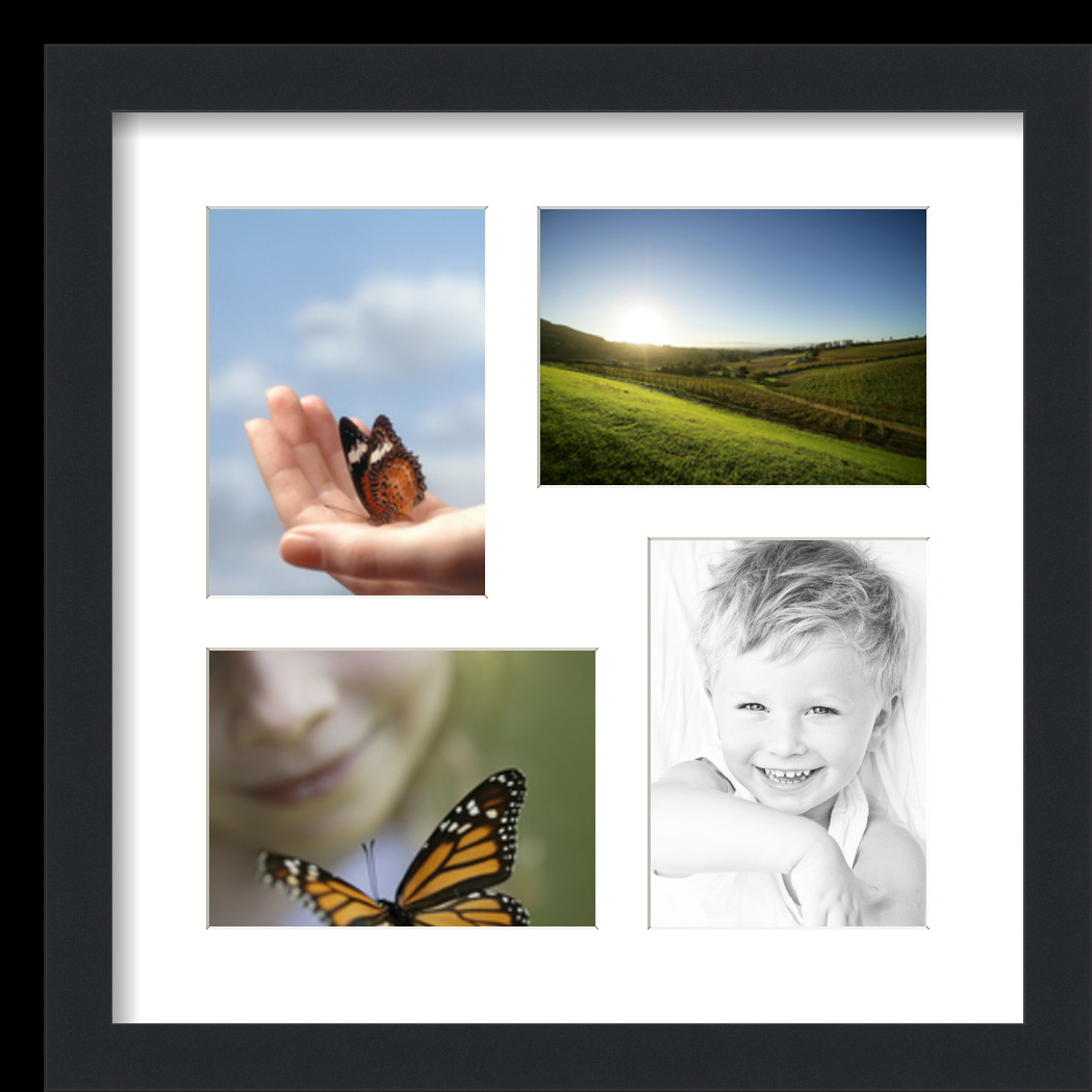 Collage Picture Frame, Satin Black Frame with 4 openings for 5x7 photos with White Crisp Mat. D3926IK298, ArtToframes