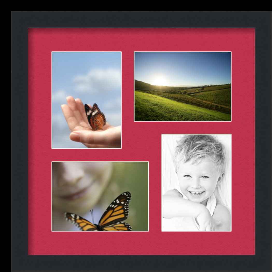 Collage Picture Frame, Satin Black Frame with 4 openings for 5x7 photos with Red Rouge Mat. D3926CS298, ArtToframes
