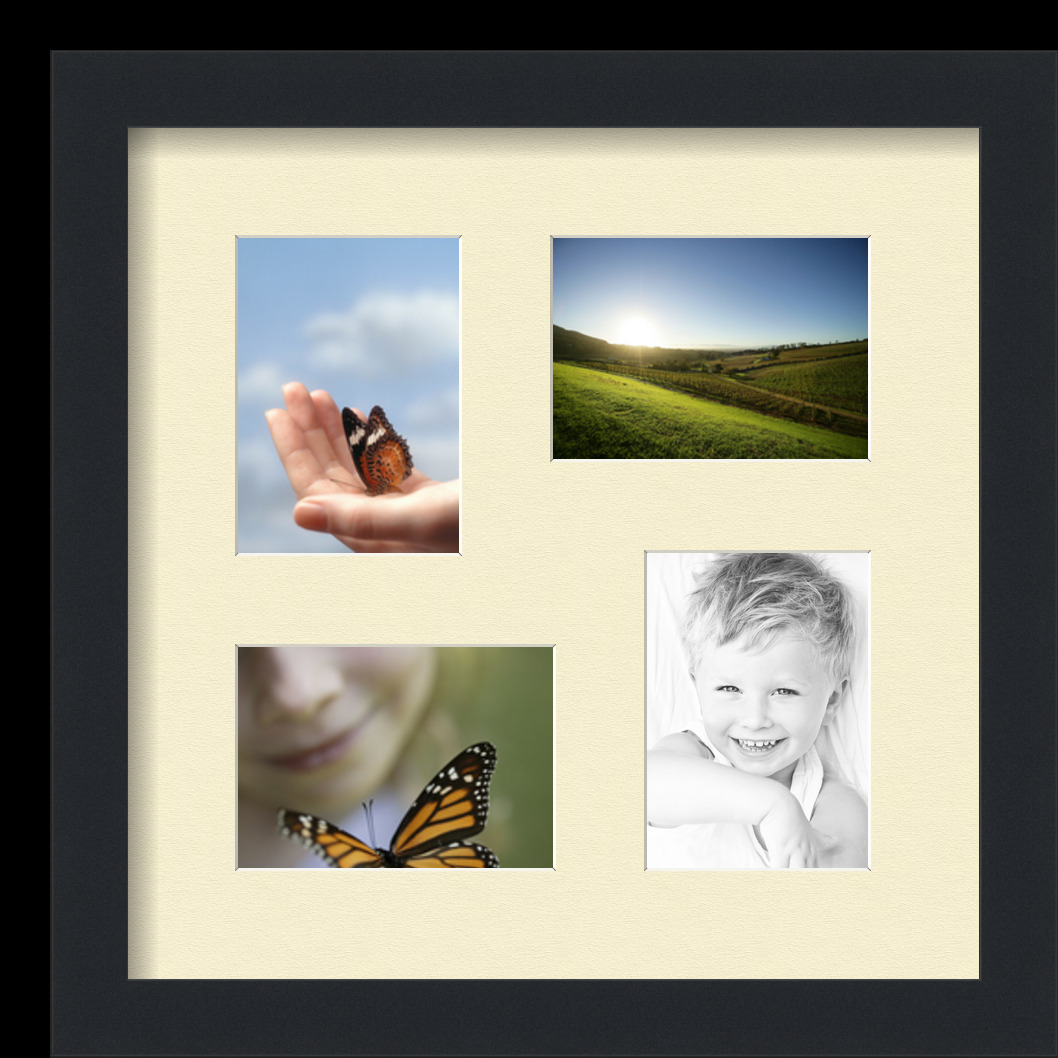 Collage Picture Frame, Satin Black Frame with 4 openings for 3.5x5 photos with Ivory Oyster Mat. D3926GC299, ArtToframes