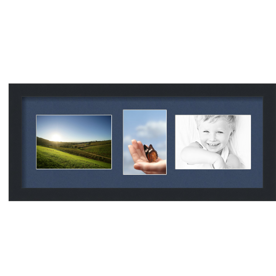 Collage Picture Frame, Satin Black Frame with 3 openings for 5x7 photos with Midnight Blue Mat. D3926FK307, ArtToframes