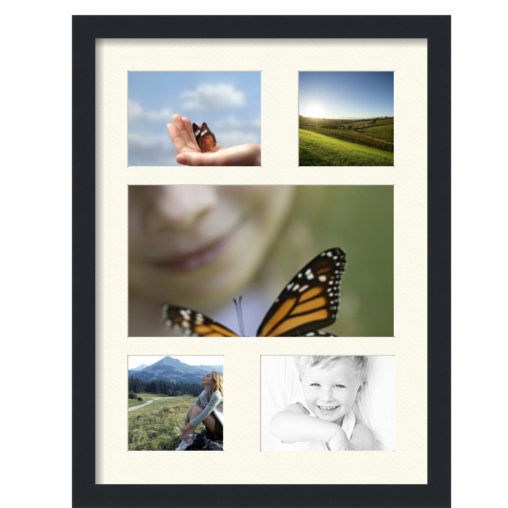 Collage Picture Frame, Satin Black Frame with 5 openings for 8x14 photos with Ivory Off White Mat. D3926FZ310, ArtToframes