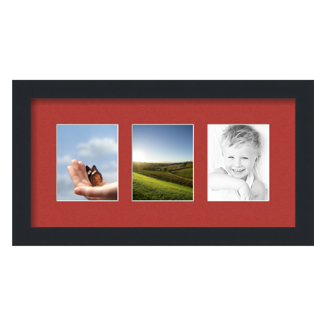 Collage Picture Frame, Satin Black Frame with 3 openings for 4x5 photos with Deep Red Mat. D3926II32, ArtToframes