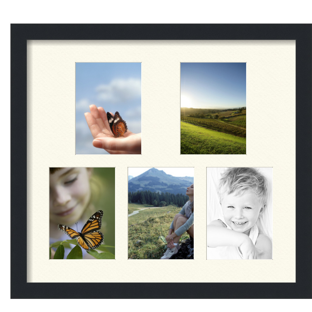 Collage Picture Frame, Satin Black Frame with 5 openings for 5x7 photos with Ivory Off White Mat. D3926FZ321, ArtToframes