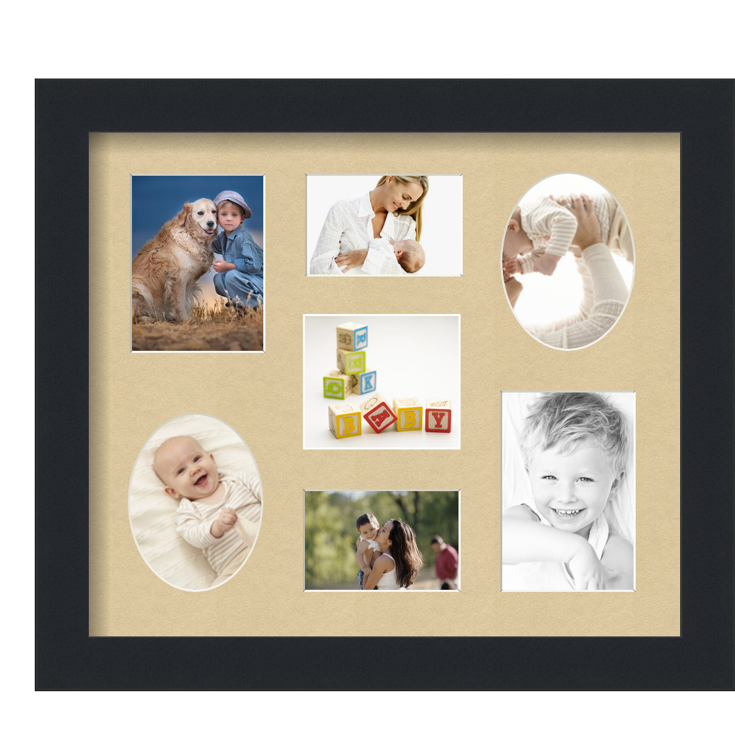 Collage Picture Frame, Satin Black Frame with 7 openings for 3x4 photos with Green Whisper Mat. D3926GI335, ArtToframes